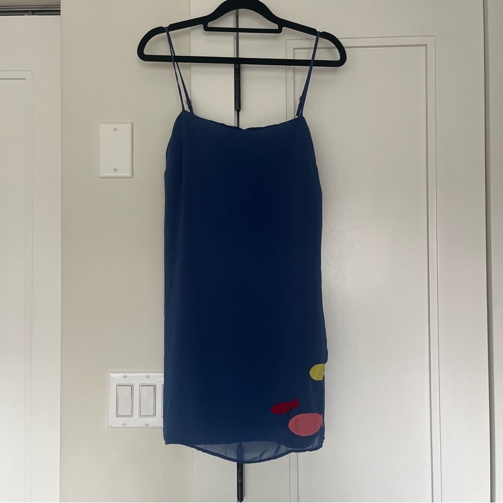STAUD Oceane Blue Slip Dress with Fish Motifs
